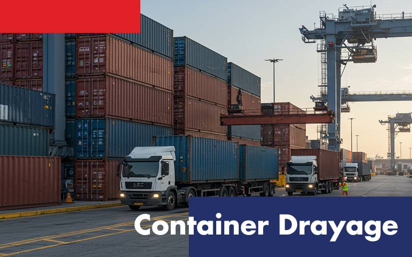 Trucks drive carrying containers